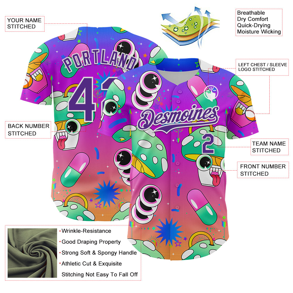 Custom Purple White 3D Pattern Design Trippy Psychedelic Magic Mushrooms Authentic Baseball Jersey