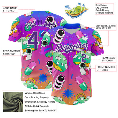 Custom Purple White 3D Pattern Design Trippy Psychedelic Magic Mushrooms Authentic Baseball Jersey