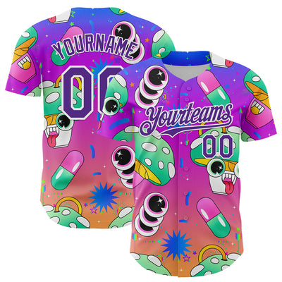 Custom Purple White 3D Pattern Design Trippy Psychedelic Magic Mushrooms Authentic Baseball Jersey