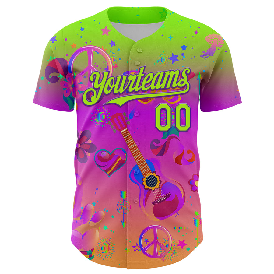 Custom Purple Neon Green 3D Pattern Design Trippy Peace And love Hippie Authentic Baseball Jersey