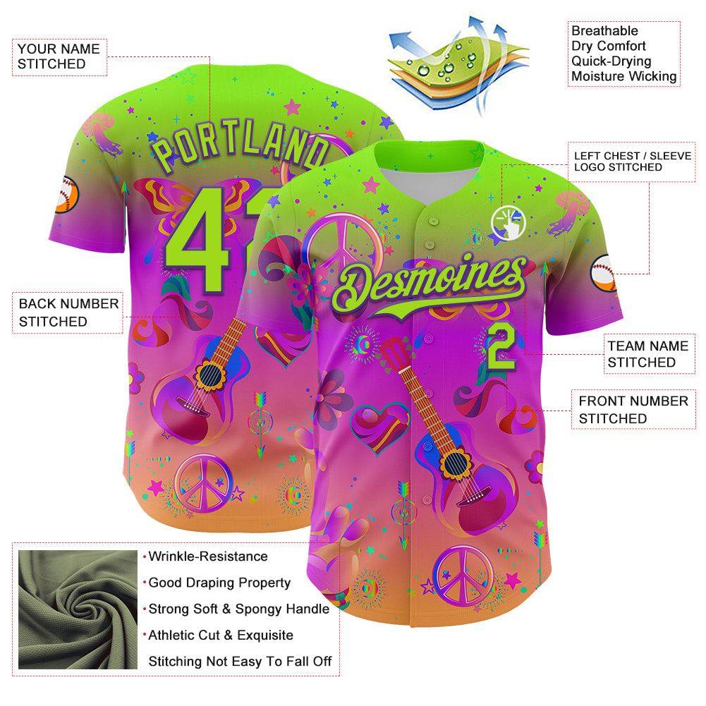 Custom Purple Neon Green 3D Pattern Design Trippy Peace And love Hippie Authentic Baseball Jersey
