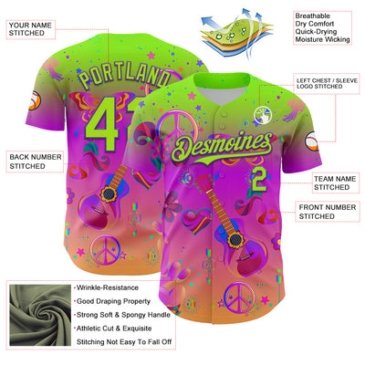 Custom Purple Neon Green 3D Pattern Design Trippy Peace And love Hippie Authentic Baseball Jersey