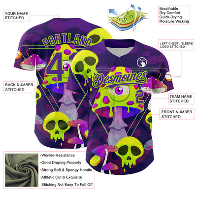 Custom Black Purple-Neon Green 3D Pattern Design Trippy Magic Mushrooms Skull Authentic Baseball Jersey