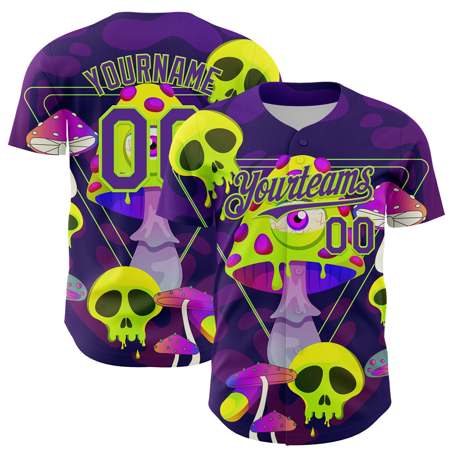 Custom Black Purple-Neon Green 3D Pattern Design Trippy Magic Mushrooms Skull Authentic Baseball Jersey