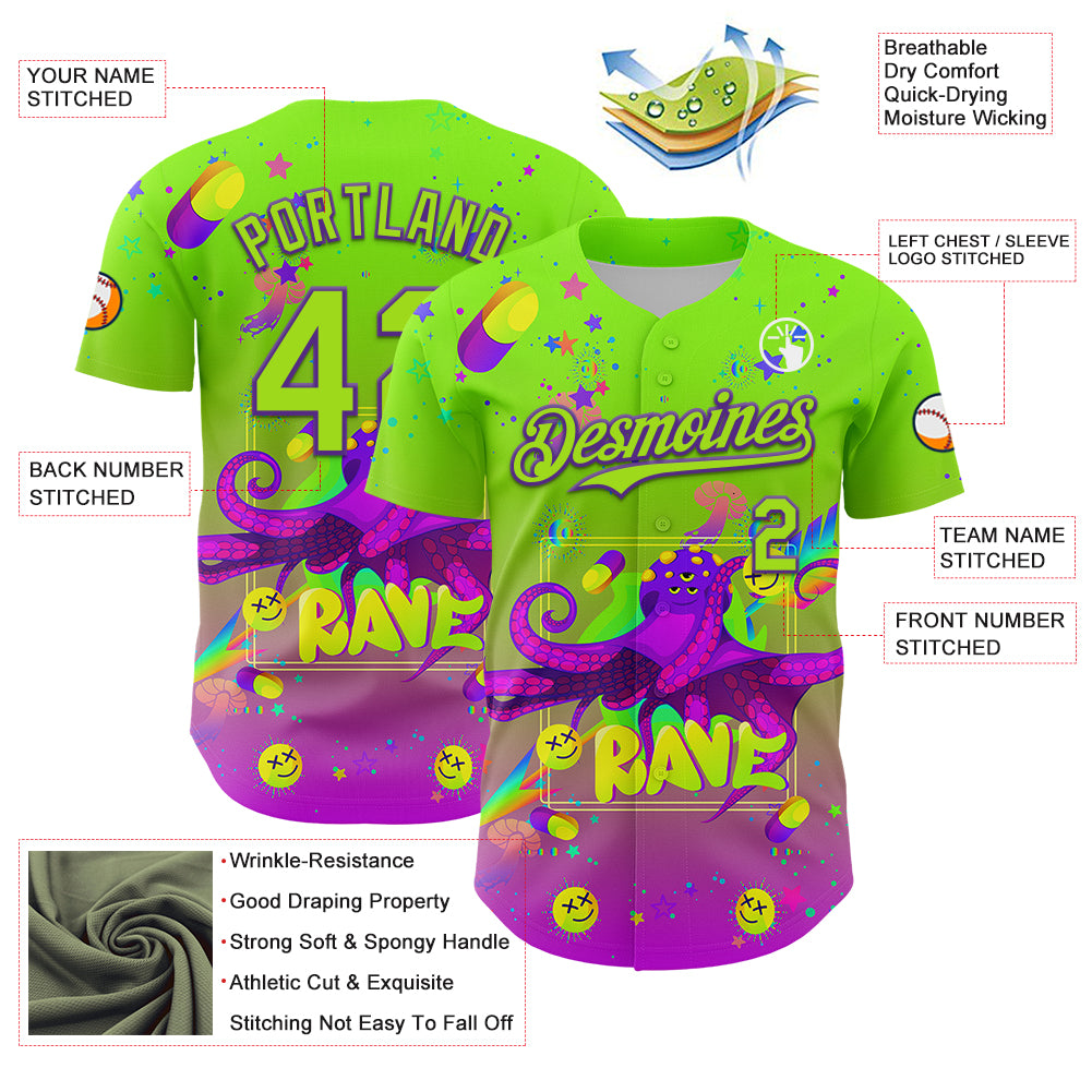 Custom Green Neon Green-Purple 3D Pattern Design Trippy Psychedelic Octopus Authentic Baseball Jersey