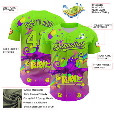 Custom Green Neon Green-Purple 3D Pattern Design Trippy Psychedelic Octopus Authentic Baseball Jersey
