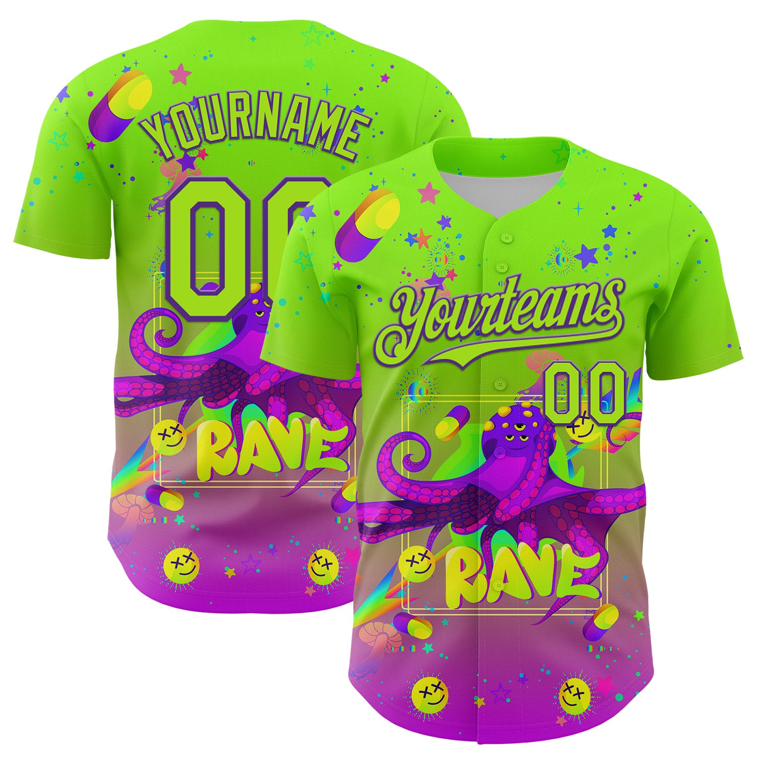 Custom Green Neon Green-Purple 3D Pattern Design Trippy Psychedelic Octopus Authentic Baseball Jersey