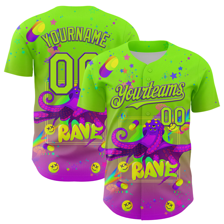 Custom Green Neon Green-Purple 3D Pattern Design Trippy Psychedelic Octopus Authentic Baseball Jersey