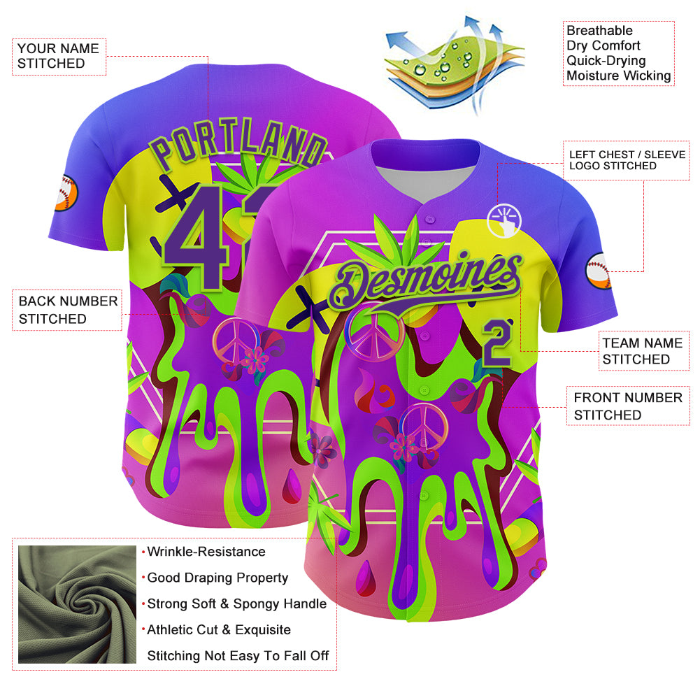 Custom Purple Neon Green 3D Pattern Design Trippy Psychedelic Peace Sign Authentic Baseball Jersey
