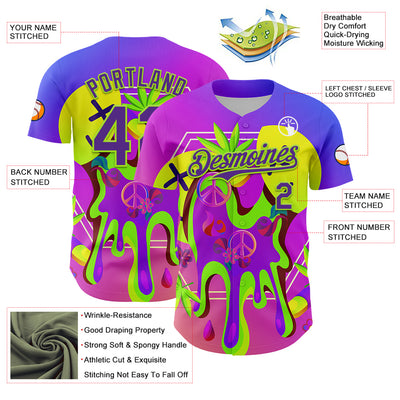 Custom Purple Neon Green 3D Pattern Design Trippy Psychedelic Peace Sign Authentic Baseball Jersey