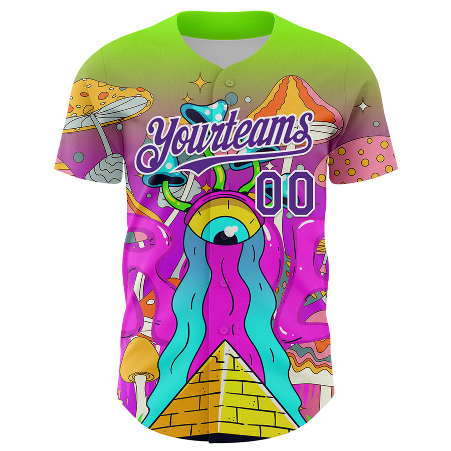 Custom Green Purple-White 3D Pattern Design Trippy Magic Mushrooms Acid Authentic Baseball Jersey