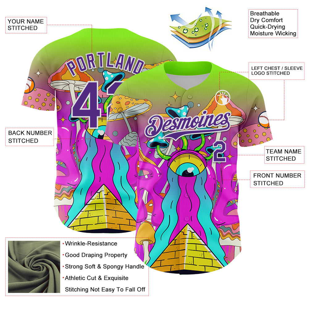 Custom Green Purple-White 3D Pattern Design Trippy Magic Mushrooms Acid Authentic Baseball Jersey