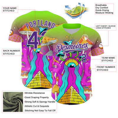 Custom Green Purple-White 3D Pattern Design Trippy Magic Mushrooms Acid Authentic Baseball Jersey
