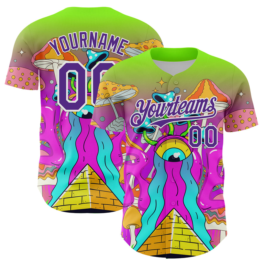 Custom Green Purple-White 3D Pattern Design Trippy Magic Mushrooms Acid Authentic Baseball Jersey