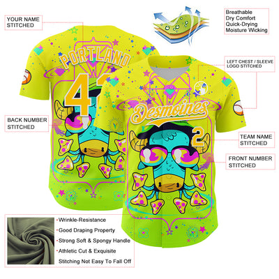 Custom Gold Yellow Green-White 3D Pattern Design Trippy Psychedelic Magic Mushrooms Authentic Baseball Jersey