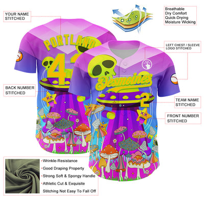 Custom Purple Yellow-Neon Green 3D Pattern Design Trippy Magic Mushrooms Alien Authentic Baseball Jersey