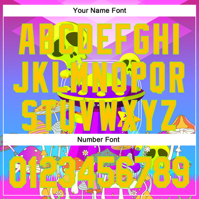 Custom Purple Yellow-Neon Green 3D Pattern Design Trippy Magic Mushrooms Alien Authentic Baseball Jersey