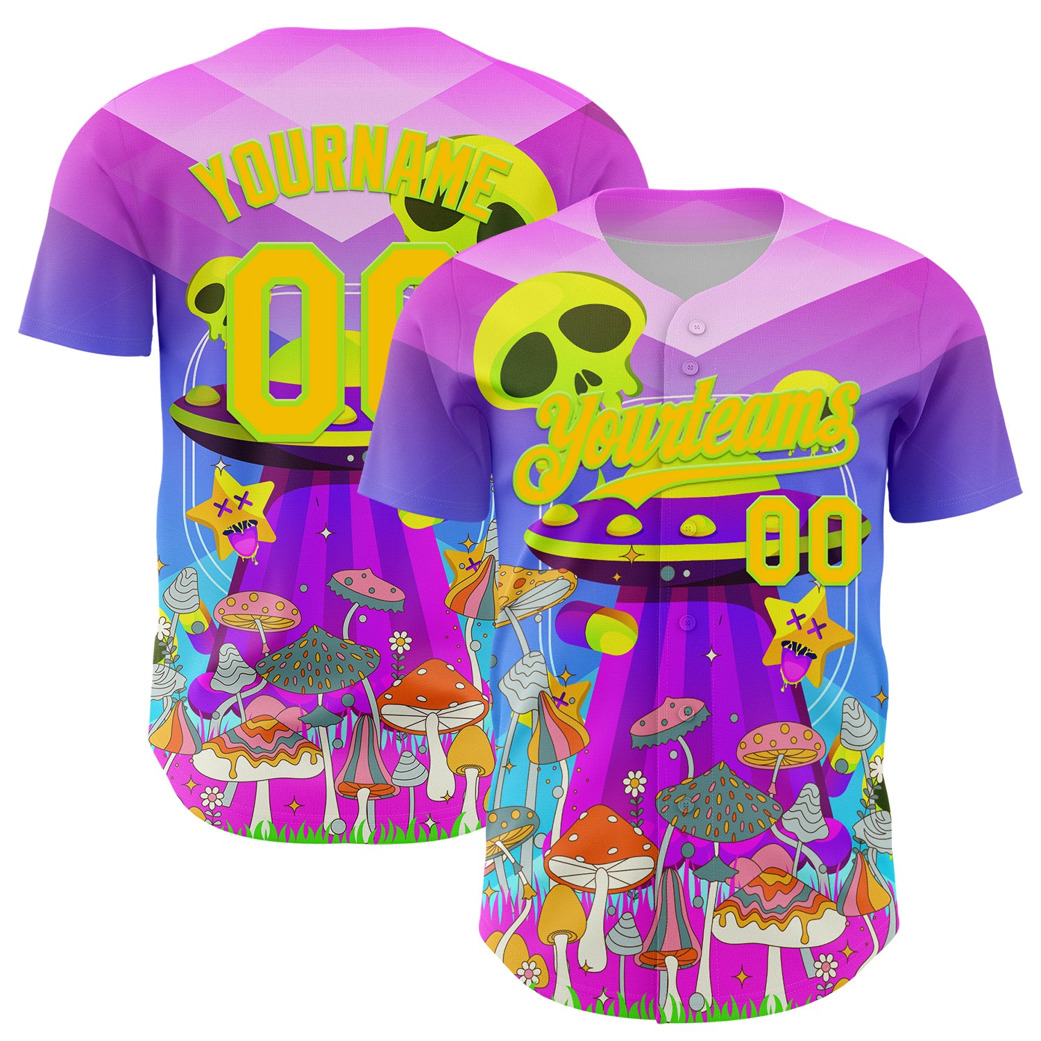 Custom Purple Yellow-Neon Green 3D Pattern Design Trippy Magic Mushrooms Alien Authentic Baseball Jersey