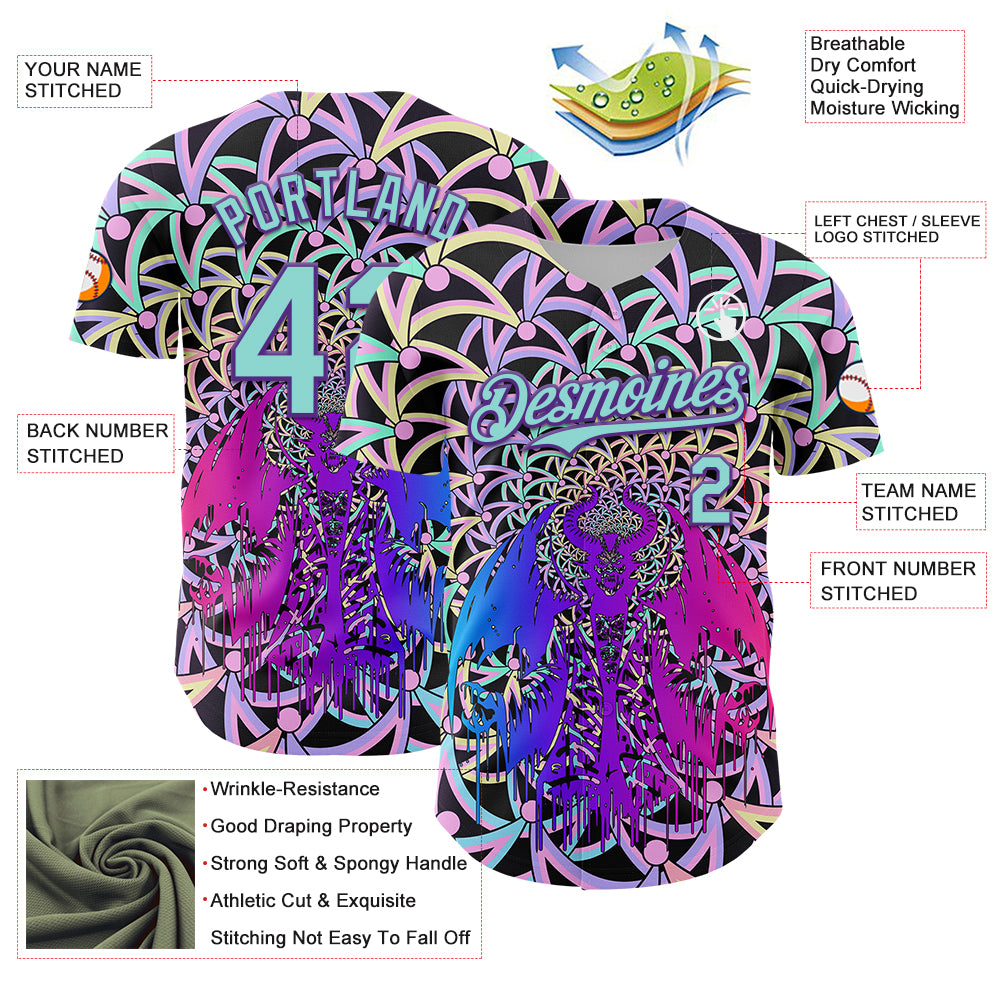 Custom Purple Ice Blue 3D Pattern Design Trippy Magic Mushrooms Devil Authentic Baseball Jersey