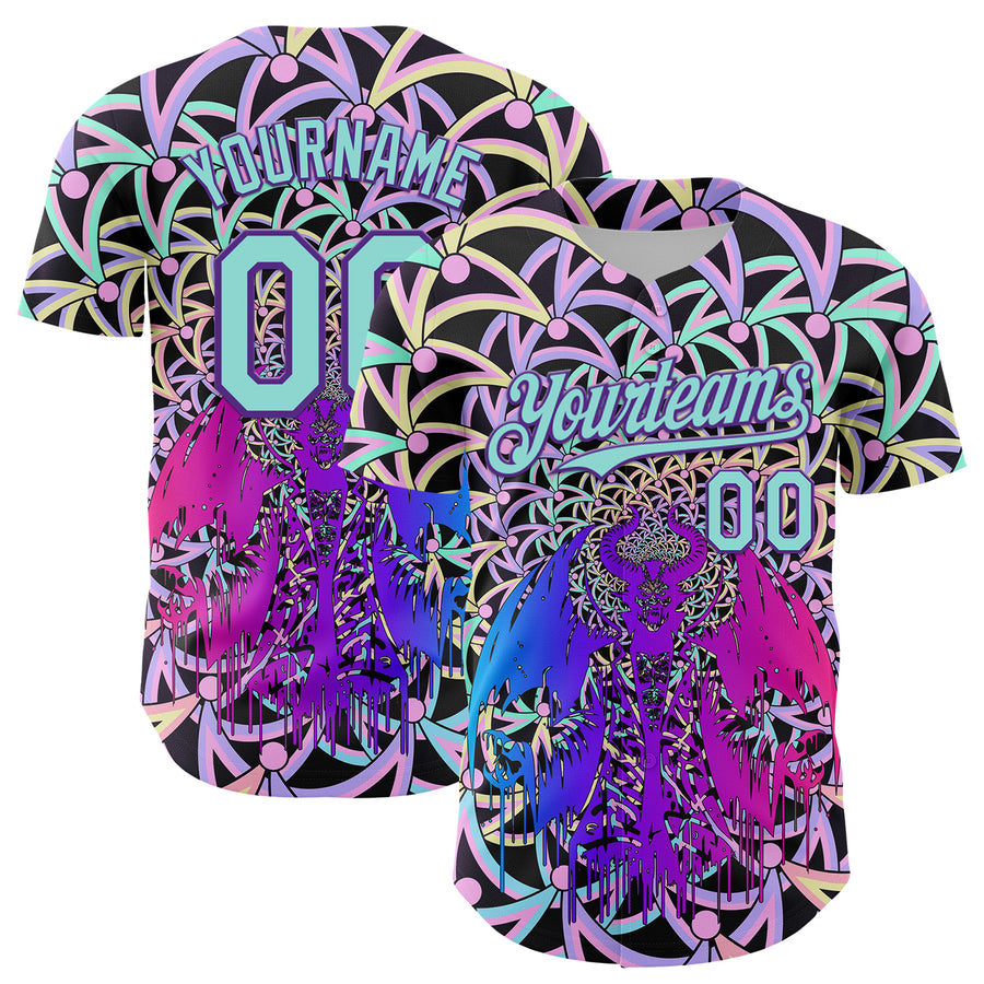 Custom Purple Ice Blue 3D Pattern Design Trippy Magic Mushrooms Devil Authentic Baseball Jersey