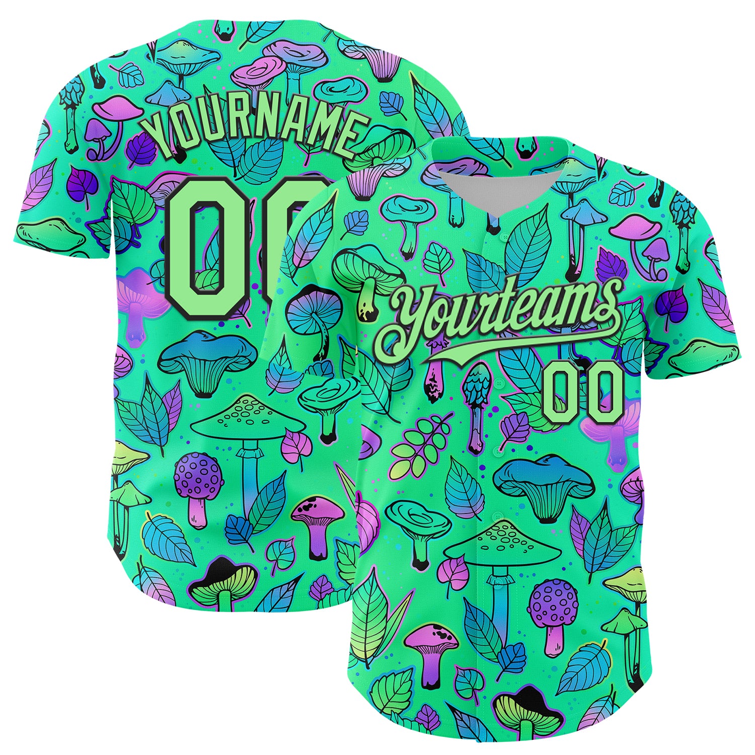 Custom Green Pea Green-Black 3D Pattern Design Trippy Magic Mushrooms Plant Authentic Baseball Jersey