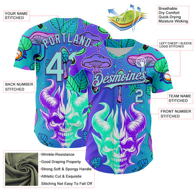Custom Blue Ice Blue-Purple 3D Pattern Design Trippy Magic Mushrooms Demon Skull Authentic Baseball Jersey