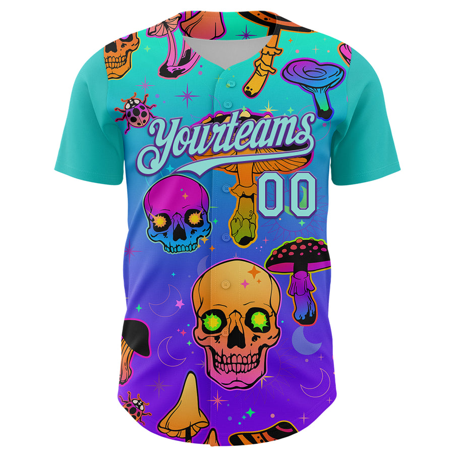 Custom Blue Ice Blue-Purple 3D Pattern Design Trippy Magic Mushrooms Skull Authentic Baseball Jersey
