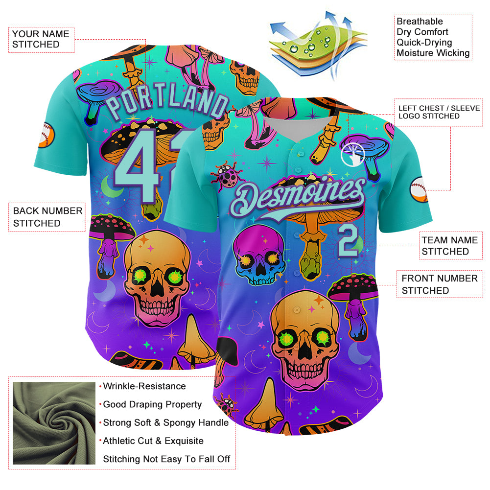 Custom Blue Ice Blue-Purple 3D Pattern Design Trippy Magic Mushrooms Skull Authentic Baseball Jersey