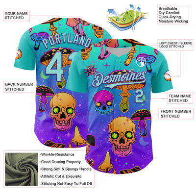 Custom Blue Ice Blue-Purple 3D Pattern Design Trippy Magic Mushrooms Skull Authentic Baseball Jersey