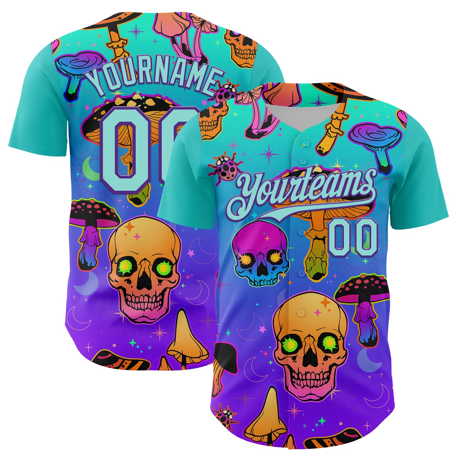 Custom Blue Ice Blue-Purple 3D Pattern Design Trippy Magic Mushrooms Skull Authentic Baseball Jersey