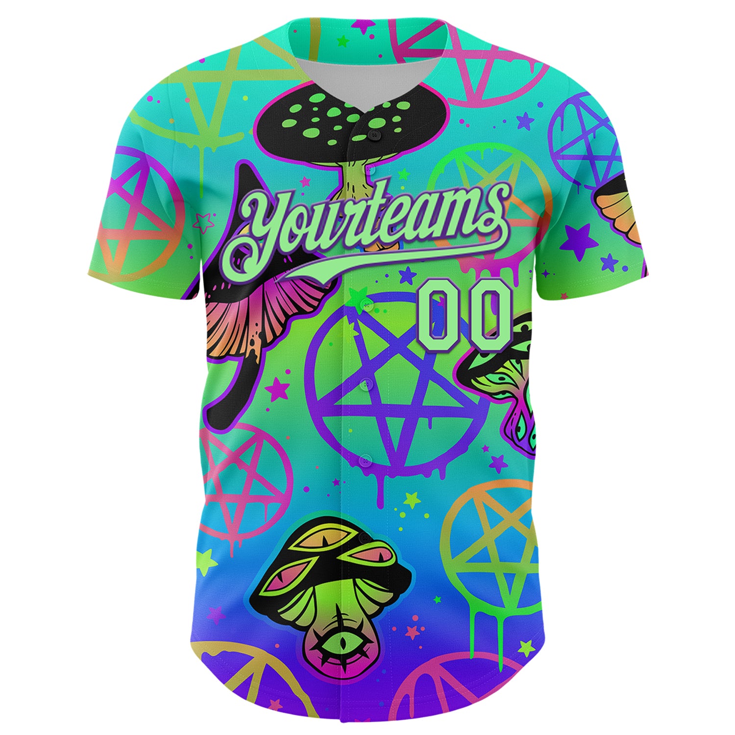 Custom Blue Pea Green-Purple 3D Pattern Design Trippy Magic Mushrooms Pentacle Authentic Baseball Jersey