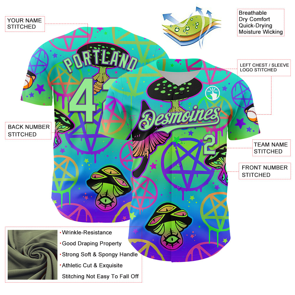 Custom Blue Pea Green-Purple 3D Pattern Design Trippy Magic Mushrooms Pentacle Authentic Baseball Jersey
