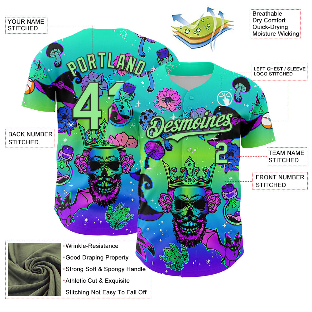 Custom Blue Pea Green-Black 3D Pattern Design Trippy Magic Mushrooms Skull Authentic Baseball Jersey