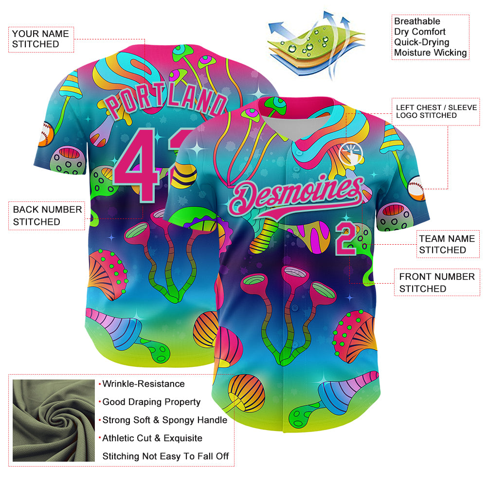 Custom Blue Hot Pink-Ice Blue 3D Pattern Design Trippy Psychedelic Magic Mushrooms Authentic Baseball Jersey