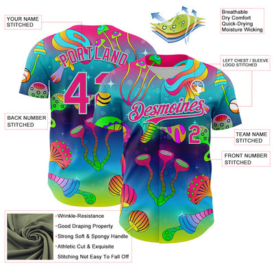 Custom Blue Hot Pink-Ice Blue 3D Pattern Design Trippy Psychedelic Magic Mushrooms Authentic Baseball Jersey