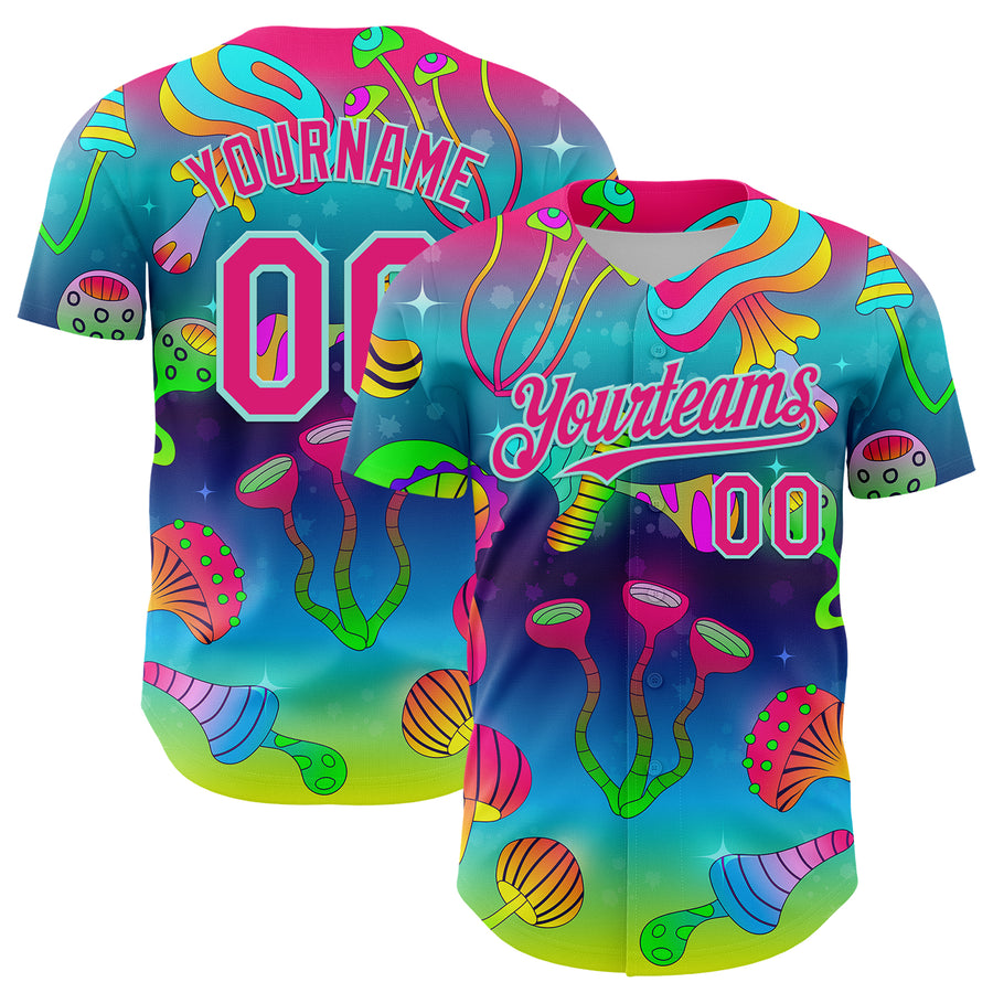 Custom Blue Hot Pink-Ice Blue 3D Pattern Design Trippy Psychedelic Magic Mushrooms Authentic Baseball Jersey