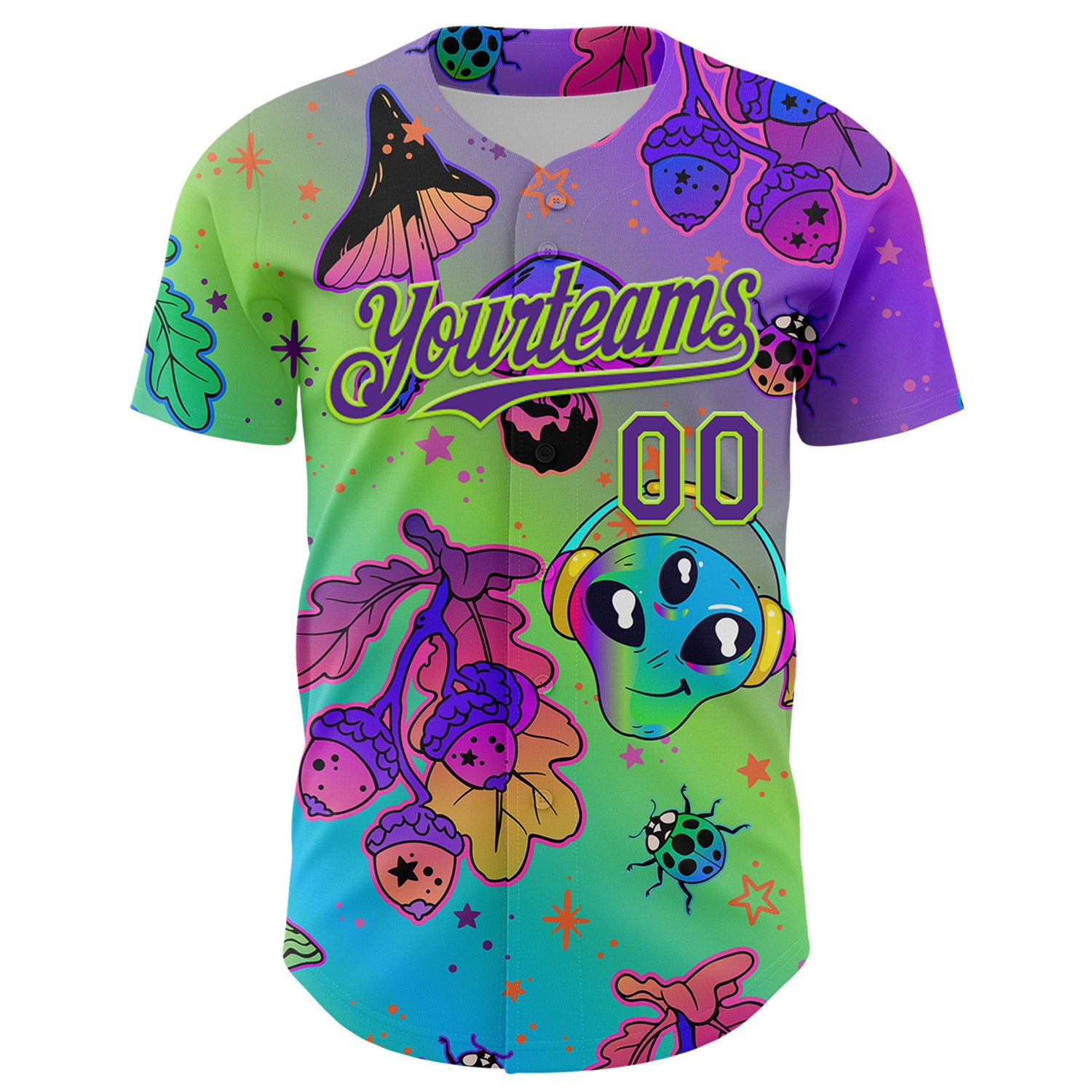 Custom Purple Neon Green 3D Pattern Design Trippy Magic Mushrooms Alien Authentic Baseball Jersey