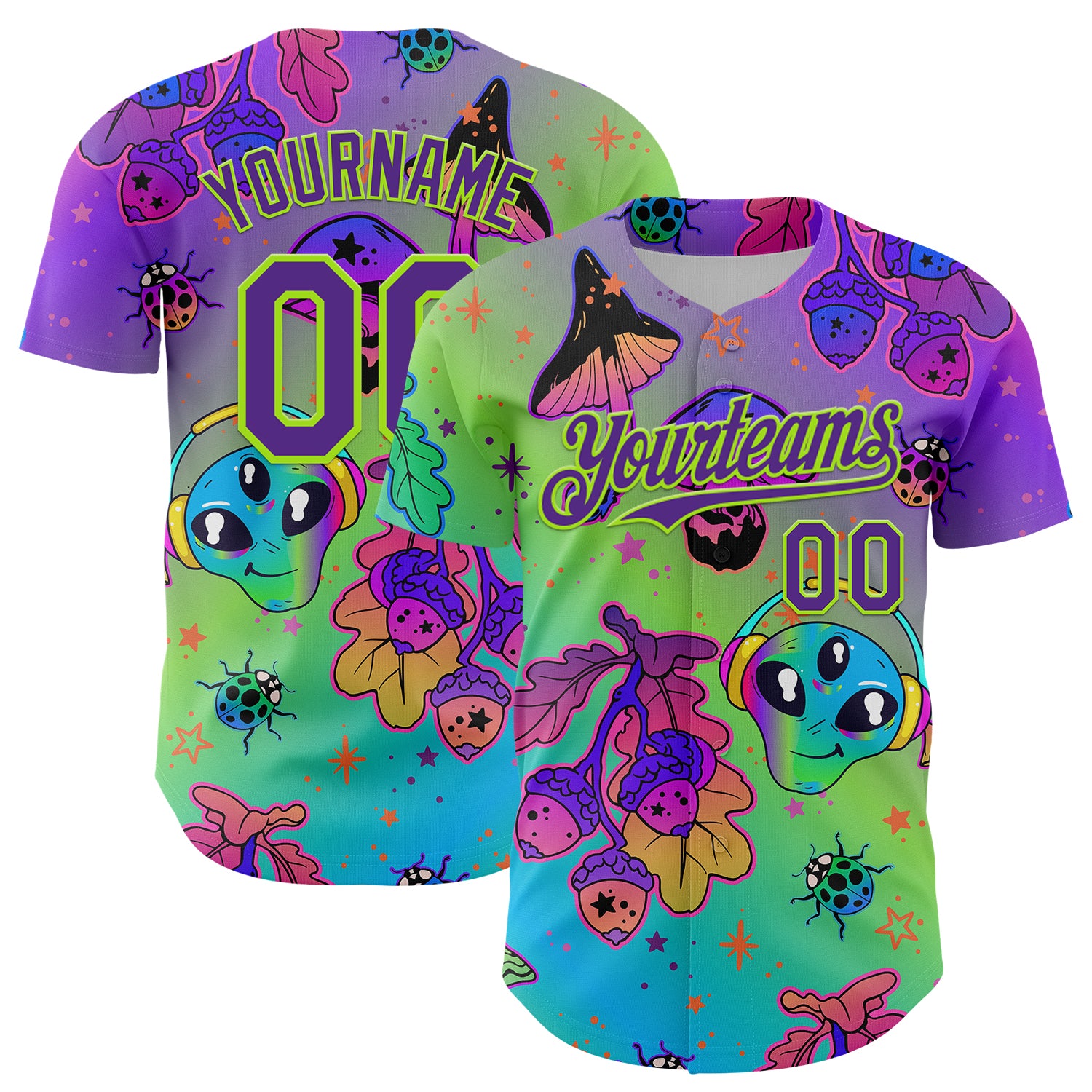 Custom Purple Neon Green 3D Pattern Design Trippy Magic Mushrooms Alien Authentic Baseball Jersey