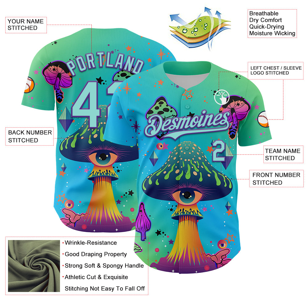 Custom Blue Ice Blue-Purple 3D Pattern Design Trippy Psychedelic Magic Mushrooms Authentic Baseball Jersey