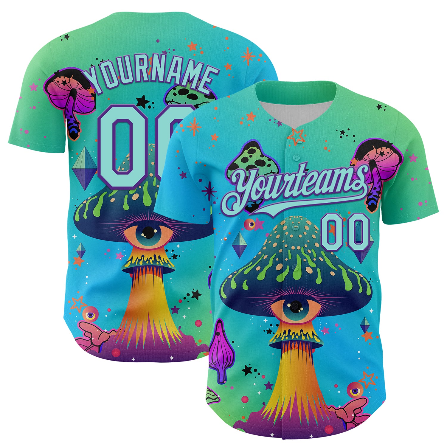 Custom Blue Ice Blue-Purple 3D Pattern Design Trippy Psychedelic Magic Mushrooms Authentic Baseball Jersey