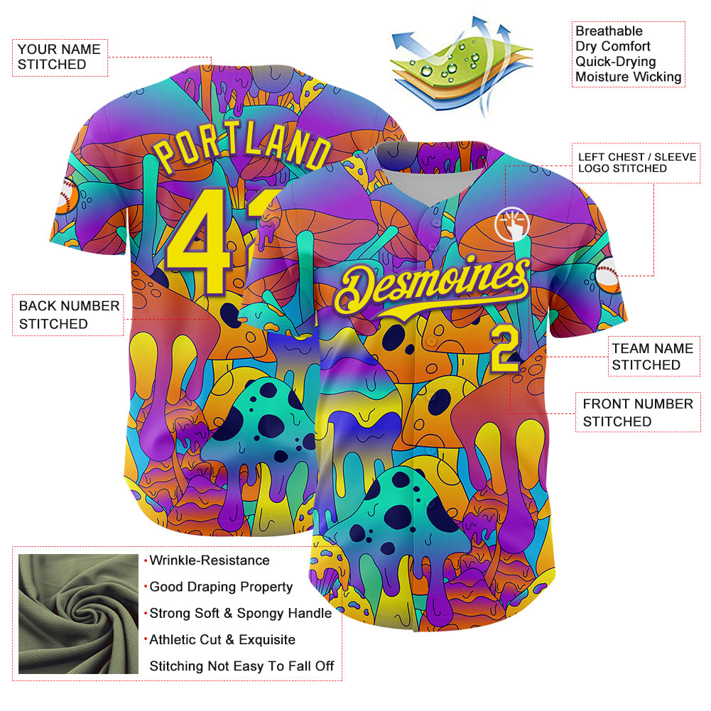 Custom Purple Light Yellow 3D Pattern Design Trippy Magic Mushrooms Trance Authentic Baseball Jersey