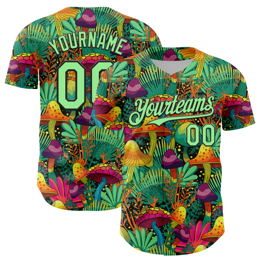 Custom Green Pea Green-Black 3D Pattern Design Trippy Magic Mushrooms Plant Authentic Baseball Jersey