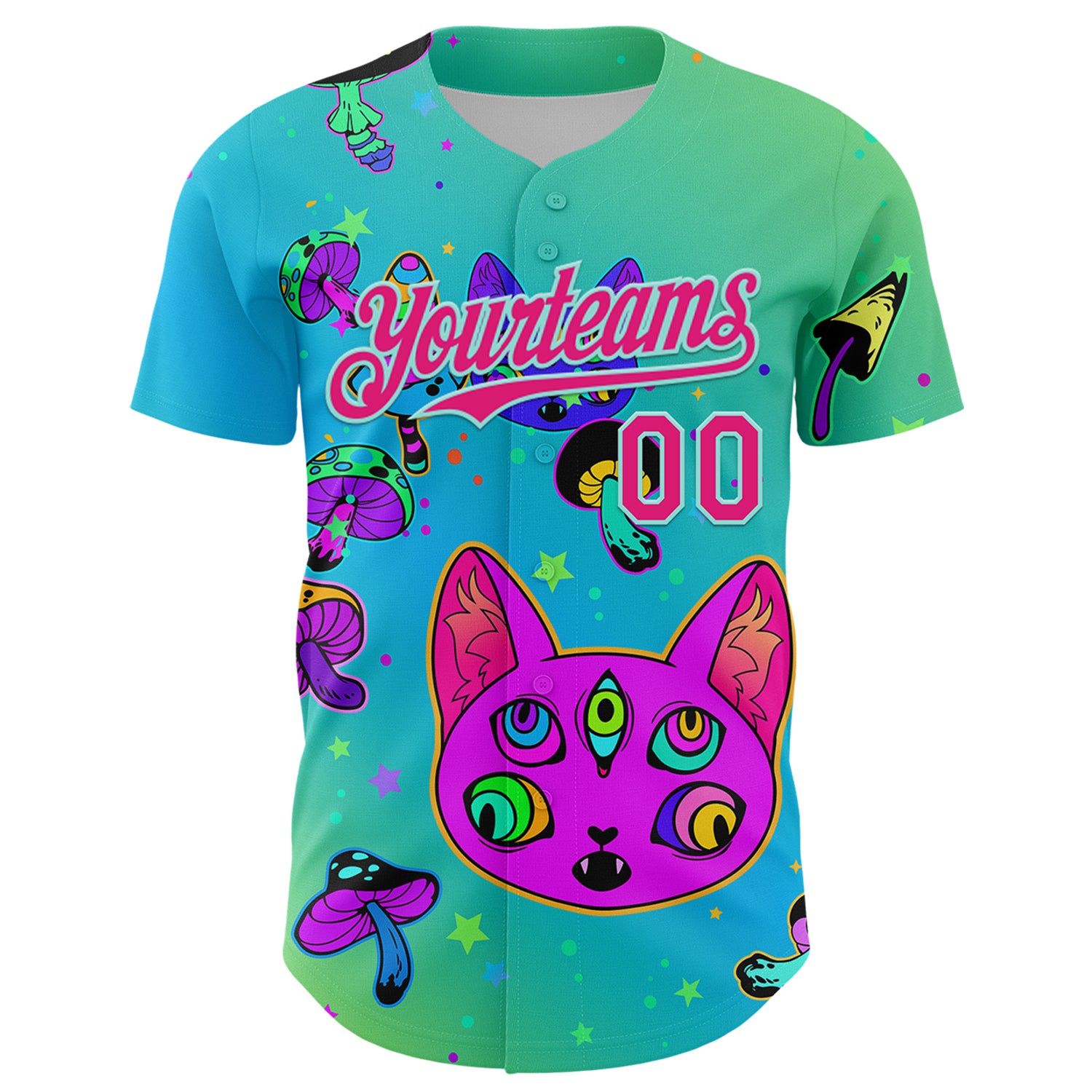 Custom Green Hot Pink-Ice Blue 3D Pattern Design Trippy Magic Mushrooms Cats Authentic Baseball Jersey