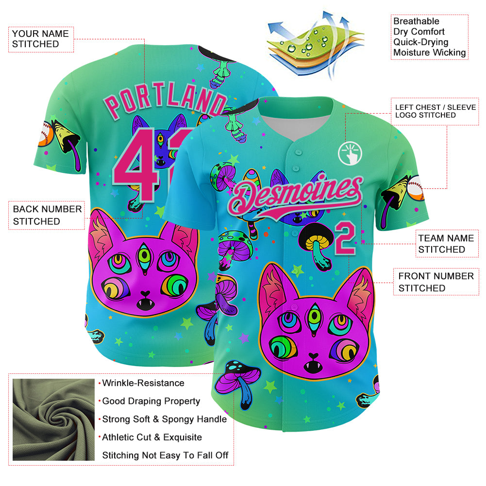 Custom Green Hot Pink-Ice Blue 3D Pattern Design Trippy Magic Mushrooms Cats Authentic Baseball Jersey