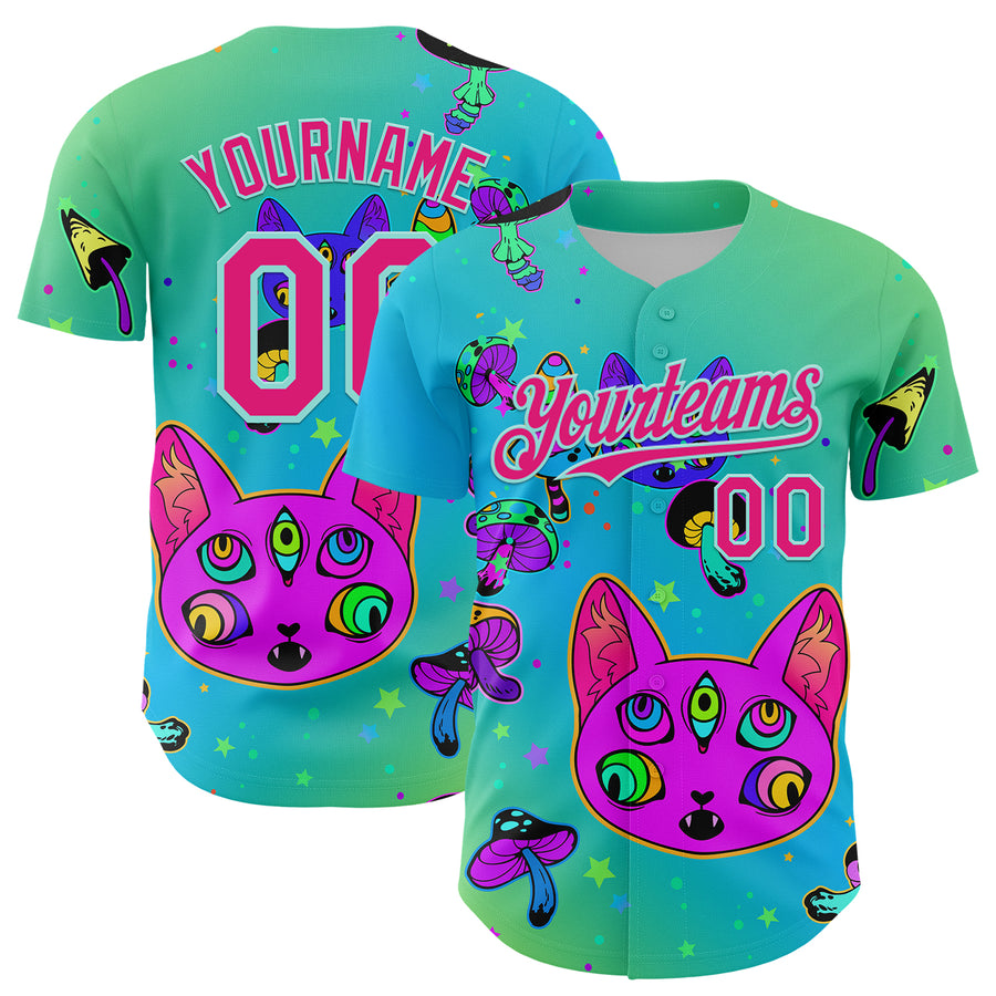Custom Green Hot Pink-Ice Blue 3D Pattern Design Trippy Magic Mushrooms Cats Authentic Baseball Jersey