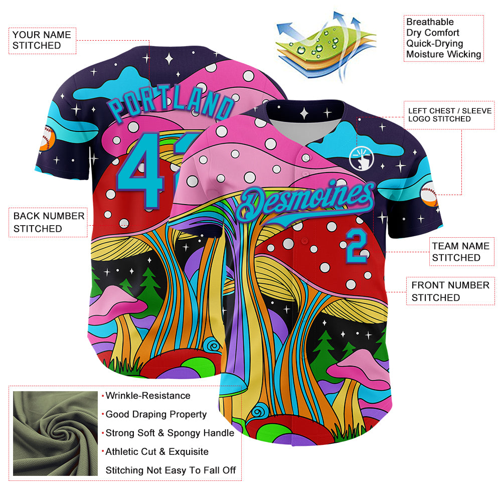Custom Navy Lakes Blue-Purple 3D Pattern Design Trippy Psychedelic Magic Mushrooms Authentic Baseball Jersey