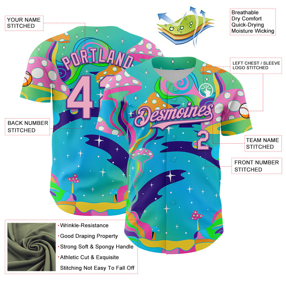 Custom Navy Light Pink-Purple 3D Pattern Design Trippy Psychedelic Magic Mushrooms Authentic Baseball Jersey