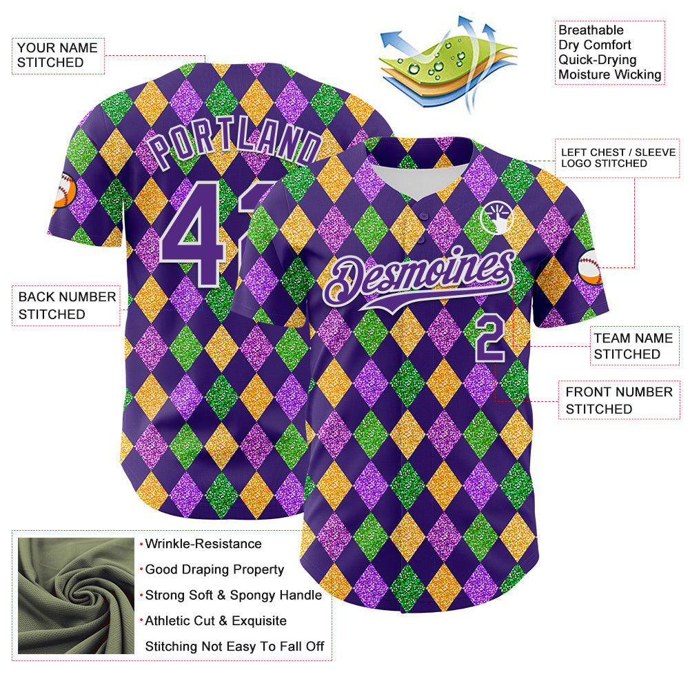Custom Purple White 3D Pattern Design Mardi Gras Shrove Tuesday Authentic Baseball Jersey
