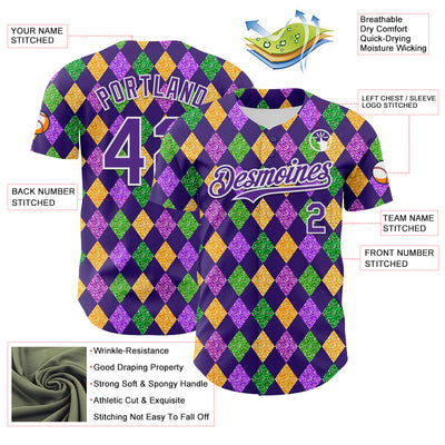 Custom Purple White 3D Pattern Design Mardi Gras Shrove Tuesday Authentic Baseball Jersey