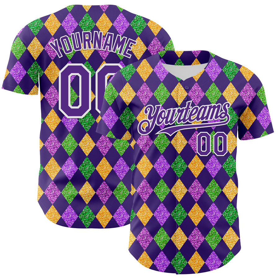 Custom Purple White 3D Pattern Design Mardi Gras Shrove Tuesday Authentic Baseball Jersey
